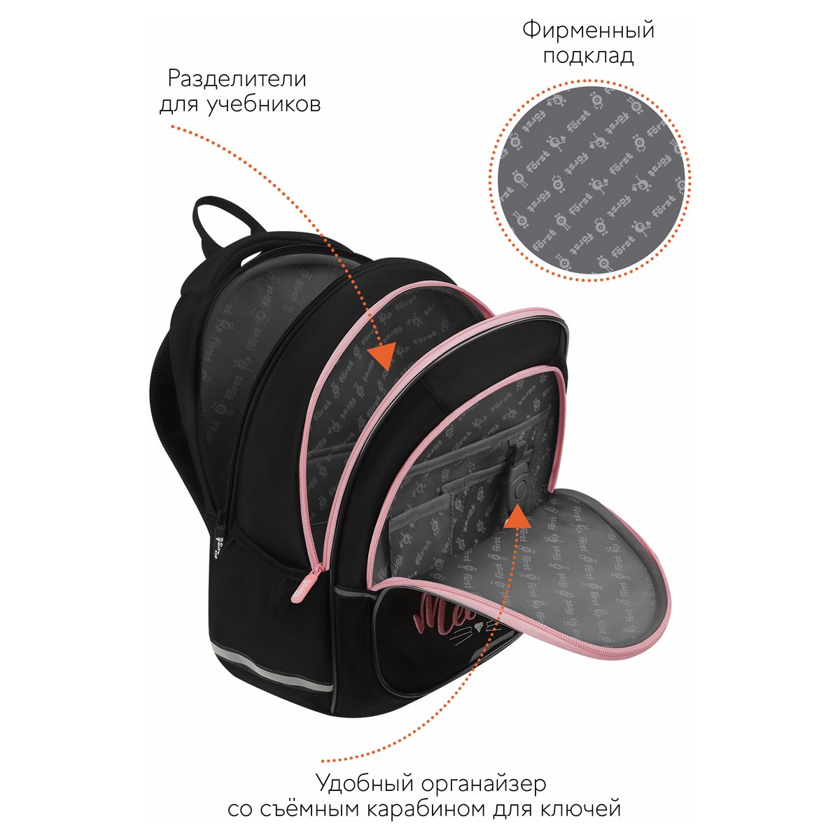 Рюкзак Först F-Cute «Meow» 37×29×17см, 3 отделения, 2 кармана, анатомическая спинка