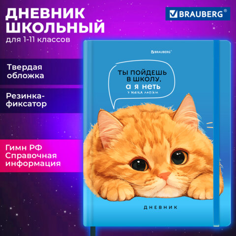 Дневник 1-11 класс 48 л., твердый, BRAUBERG, матовая ламинация, резинка, закладка-ляссе, с подсказом, «Котик»