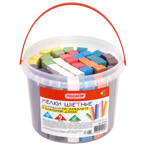 Мел в ведерке для асфальта и классной доски 40 штук, цветной квадратный, ПИФАГОР