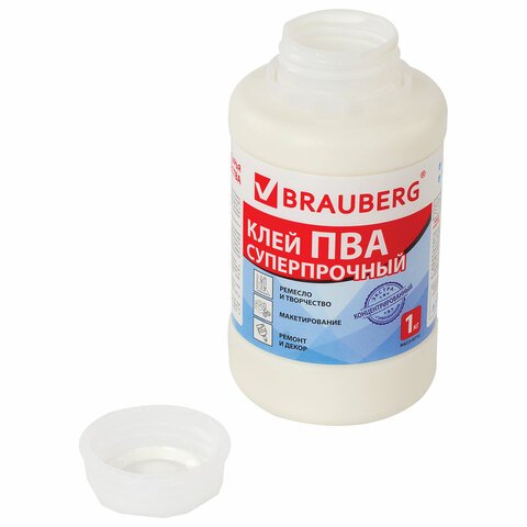 Клей ПВА BRAUBERG, 1 кг, суперпрочный (керамика, ткань, кожа, дерево, бумага, картон)