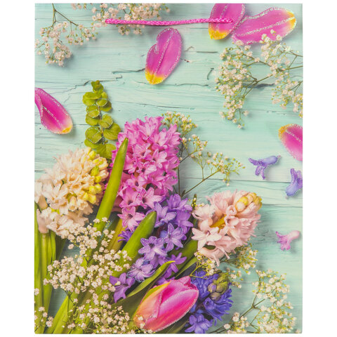 Пакет подарочный 26.5×12.7×33 см ЗОЛОТАЯ СКАЗКА «Spring Flowers», глиттер, розовый с голубым