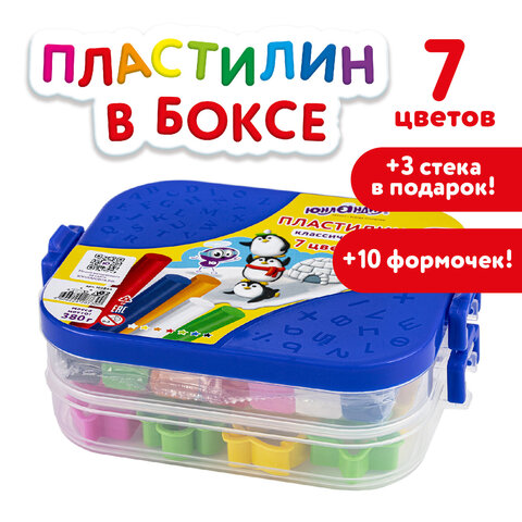 Пластилин в боксе ЮНЛАНДИЯ7 цветов380 г3 стека10 формочек105864