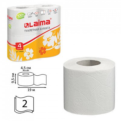 Бумага туалетная ЛАЙМА, 2-х слойная, спайка 4 шт. х 19 м, белая