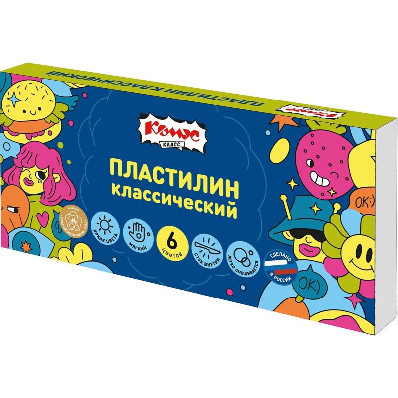 Пластилин классический Комус Класс Максики набор 6 цв 120 г, со стеком