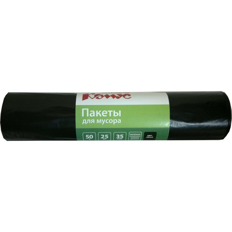 превью Мешки для мусора на 50 литров Комус черные (35 мкм, 25 штук в рулоне, 50×70 см)