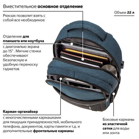 Рюкзак BRAUBERG URBAN универсальныйс отделением для ноутбукаUSB-портDenverсиний46×30х16 см229893