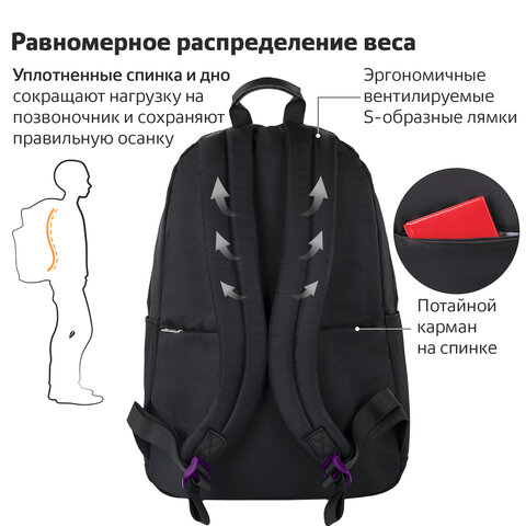 Рюкзак BRAUBERG FASHION CITY универсальный, потайной карман, «Moon», черный, 44×31х16 см