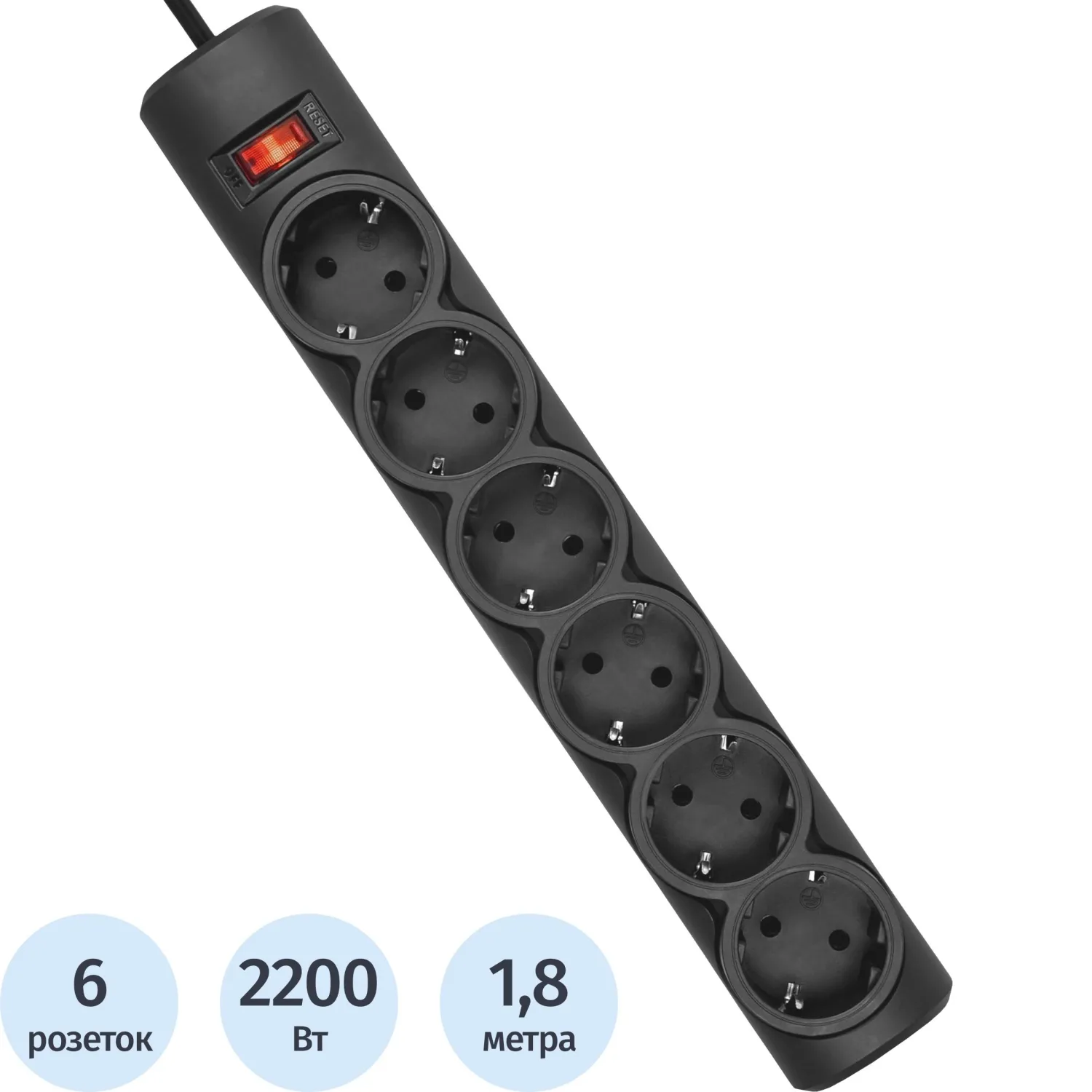 превью Сетевой фильтр Defender DFS 151 1.8 м, черный, 6 розеток(99494)