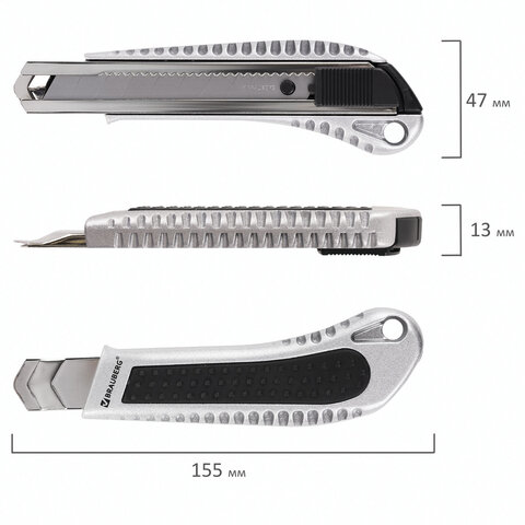 Нож канцелярский 18 мм, КОМПЛЕКТ 2 штуки + 10 ЛЕЗВИЙ, BRAUBERG Metallic, металлический корпус