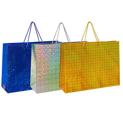 Пакет подарочный 45×13x33 см (XL), НАБОР 3 шт., 3 дизайна, голография, ЗОЛОТАЯ СКАЗКА