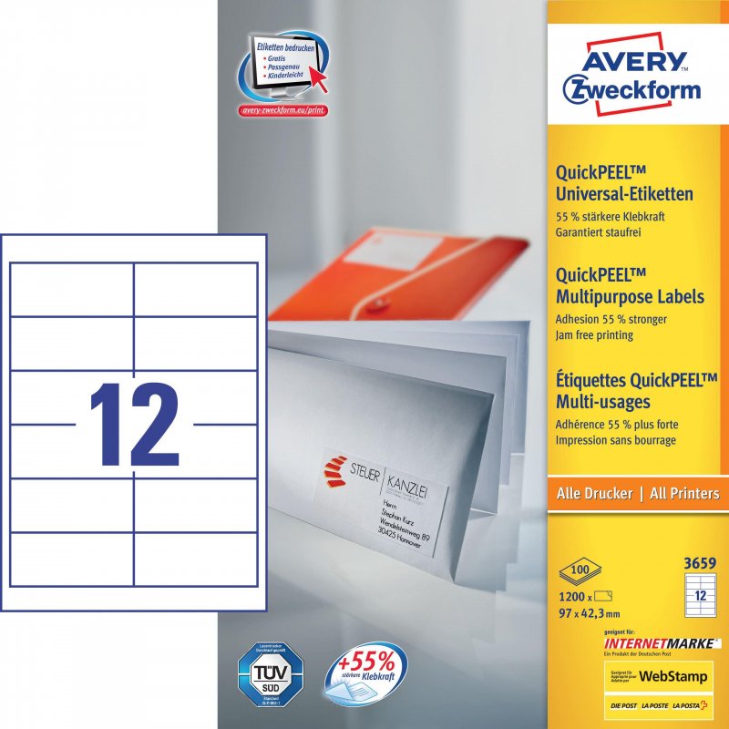 Этикетки Avery Zweckform Z3659 (97*42,3мм, белые, 12шт. на листе A4, 100 листов)