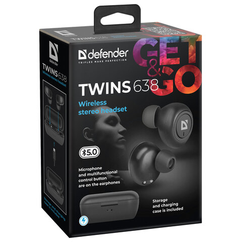Наушники с микрофоном беспроводные Defender Twins 638, Bluetooth 5.0, черный