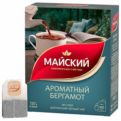 Чай МАЙСКИЙ «Ароматный бергамот» черный цейлонский байховый, 100 пакетиков по 1.5 г