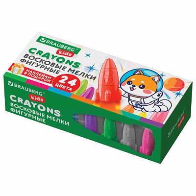 Восковые мелки фигурные BRAUBERG KIDS «РАКЕТА», НАБОР 24 цвета + НАКЛЕЙКИ В ПОДАРОК! 
