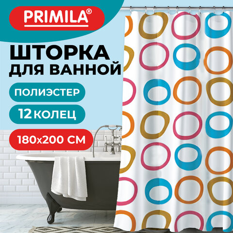 Шторка для ванной ПОЛИЭСТЕР, 180×200см, кольца в комплекте, КРУГИ, PRIMILA