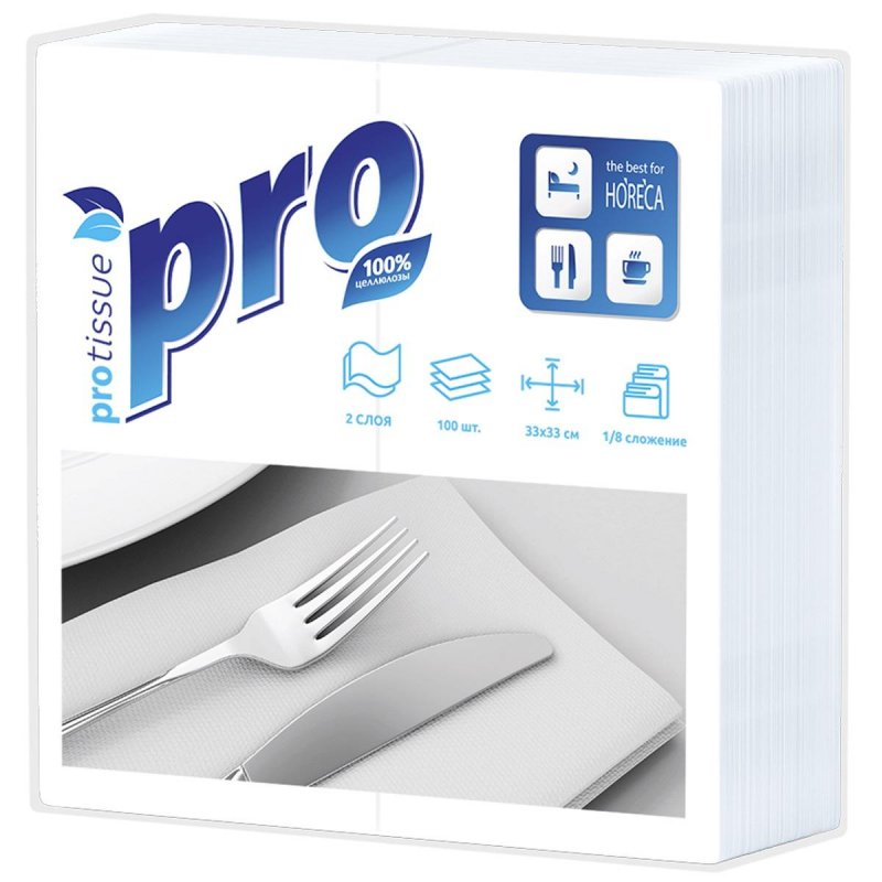 Салфетки бумажные PROtissue 33×33 см белые 2-слойные 100 штук в упаковке
