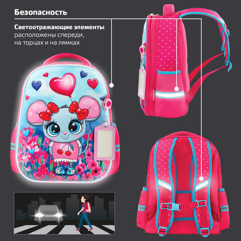 Ранец ЮНЛАНДИЯ LIGHT, 2 отделения, «Pretty mouse», 3D панель, 38×29х16 см