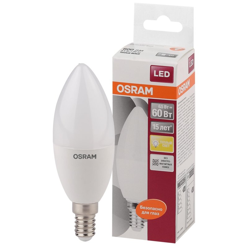 Лампа светодиодная Osram star classic, 6.5Вт, тип C «свеча», Е14, 3000К, теплый свет