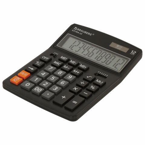 Калькулятор настольный BRAUBERG EXTRA-12-BK (206×155 мм), 12 разрядов, двойное питание, ЧЕРНЫЙ