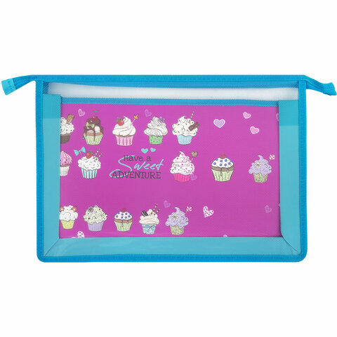 Папка для труда BRAUBERG А4, 2 отделения, пластик, молния сверху, органайзер, «Cup Cakes», 229134