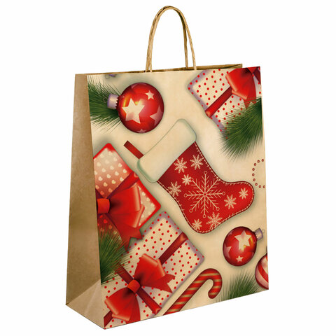 Пакет подарочный КОМПЛЕКТ 10 штук, новогодний, 26×13x32 см, «Christmas Kraft», ЗОЛОТАЯ СКАЗКА
