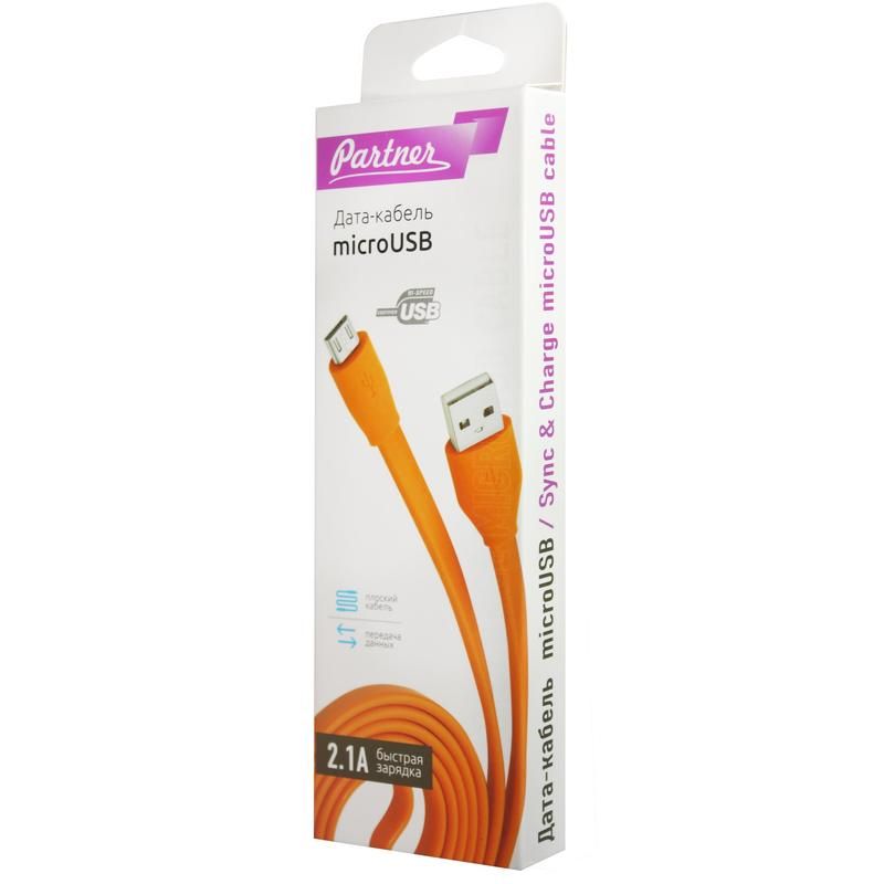 Кабель USB 2.0 microUSB Partner плоский оранжевый 1 м
