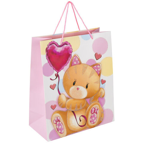 превью Пакет подарочный 26.5×12.7×33 см ЗОЛОТАЯ СКАЗКА «Lovely Kitty», глиттер, белый с розовым