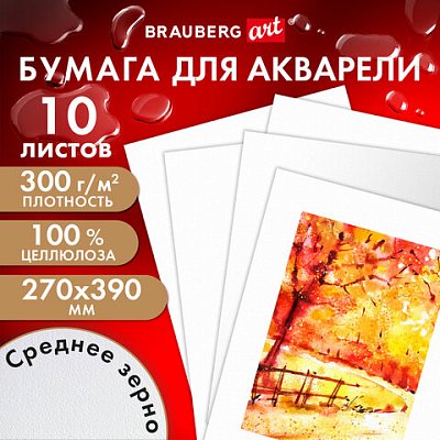 Бумага для акварели 300 г, 270×390 мм, среднее зерно, 10 листов, BRAUBERG ART PREMIERE