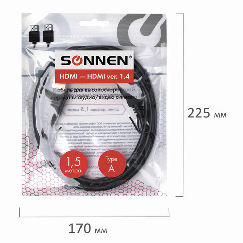 Кабель HDMI AM-AM, 1.5 м, SONNEN, для передачи цифрового аудио-видео, черный