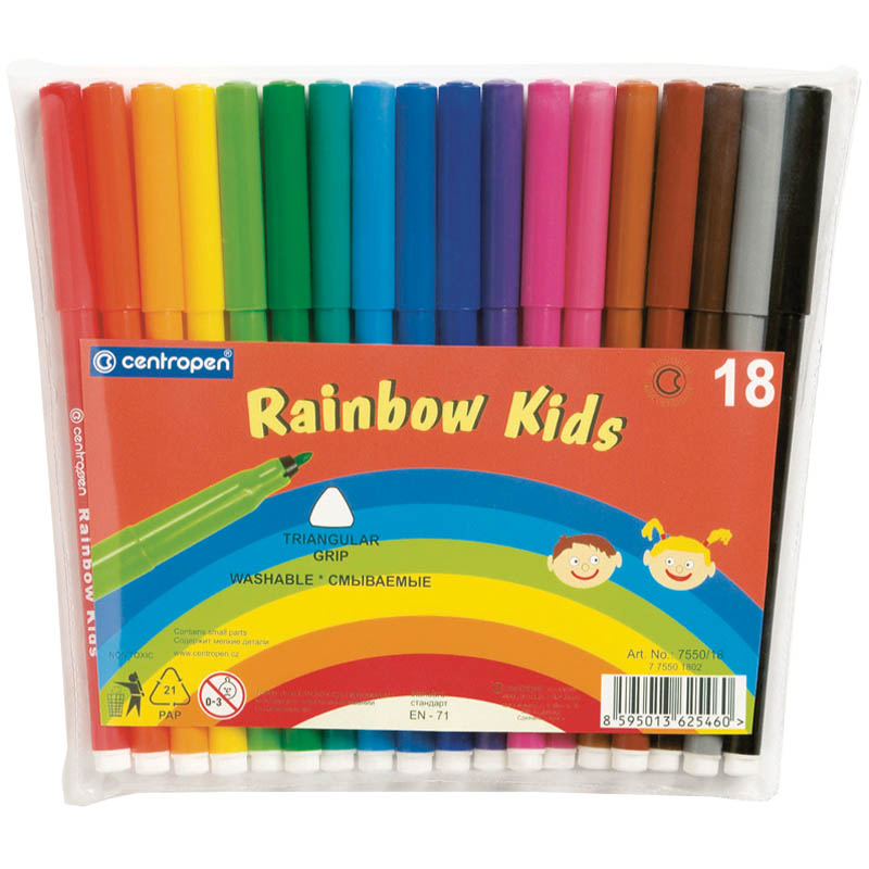 Фломастеры CENTROPEN «Rainbow Kids», 18 цветов, смываемые, эргономичные, вентилируемый колпачок