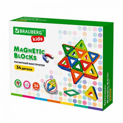 Магнитный конструктор BIG MAGNETIC BLOCKS-34, 34 детали, с колесной базой, BRAUBERG KIDS