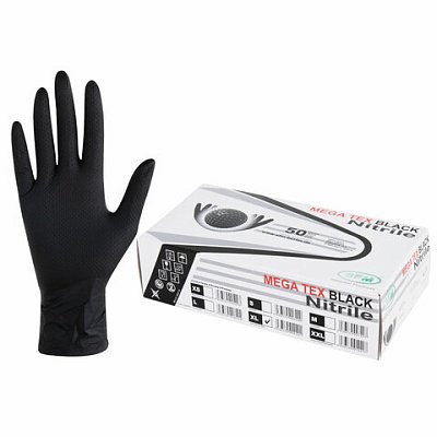 Перчатки нитриловые сверхпрочные с текстурой SFM MEGA TEX BLACK 25 пар (50 штук)XL (очень большой)