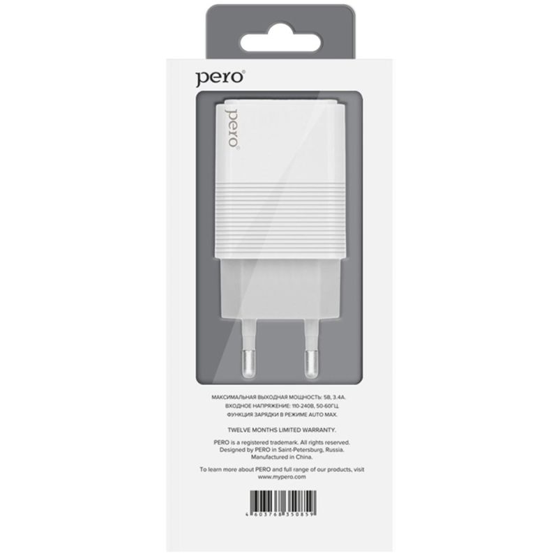 Зарядное устройство сетевое PERO TC08 AUTO MAX 2USB 3.4А белый