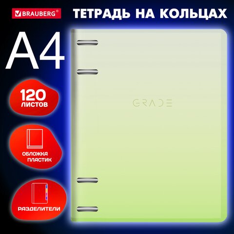 превью Тетрадь на кольцах БОЛЬШАЯ 305×230мм А4, 120л, пластик, с разделителями, BRAUBERG, Зеленый