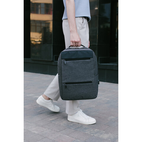 Рюкзак HEIKKI PANEL (ХЕЙКИ), отделение для ноутбука, USB-порт, серый, 44×30x13 см