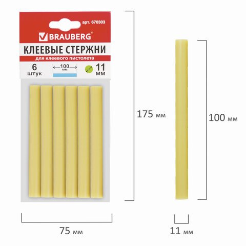 Клеевые стержни, диаметр 11 мм, длина 100 мм, желтые, комплект 6 штук, BRAUBERG, европодвес