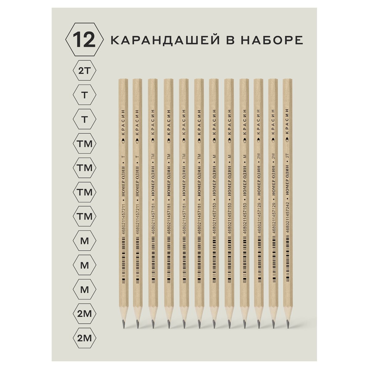 Набор карандашей ч/г Красин «Номер Один +» 12шт., 2Т (2Н), Т (Н)-2, ТМ (НВ)-4, М (В)-3, 2М (2В)-2 шестигран., заточен., ПП пакет, европодвес