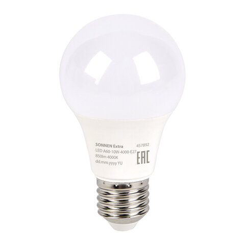Лампа светодиодная SONNEN EXTRA, 10 (85) Вт, Е27, груша, нейтральный белый, 30000 ч, LED A60-10W-4000-Е27