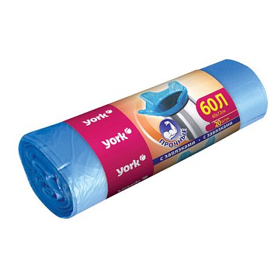 Мешки для мусора с завязками 60 л, синие, в рулоне 20 шт., ПНД, 10 мкм, YORK