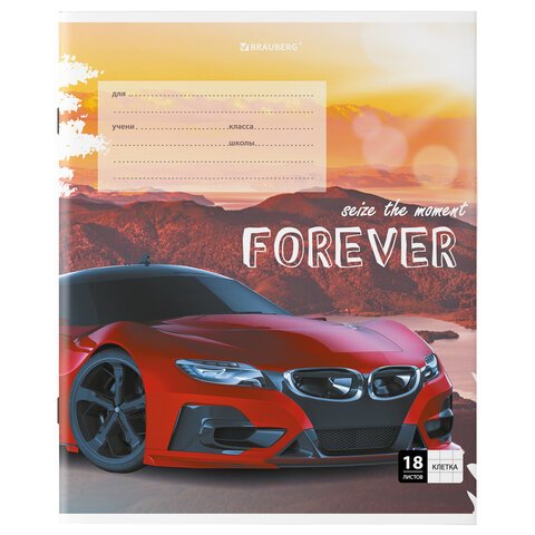 Тетрадь 18 л. BRAUBERG клетка, обложка картон, «SPORTS CAR»