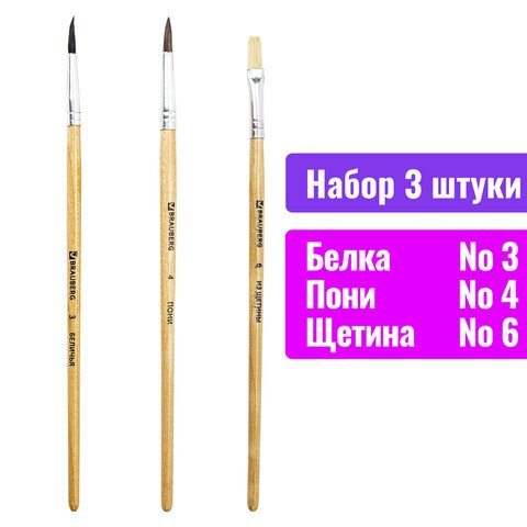 Кисти BRAUBERG, набор 3 шт. (беличья круглая № 3, пони круглая № 4, из щетины плоская № 6), блистер