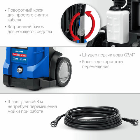 Минимойка ЗУБР АВД-П180, мощность 2.3 кВт, давление 180 бар, шланг 8 м