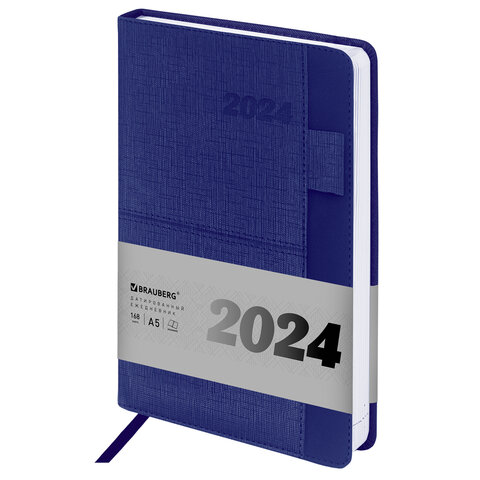 превью Ежедневник датированный 2024 А5 138×213 мм BRAUBERG «Pocket», под кожу, держатель для ручки, синий