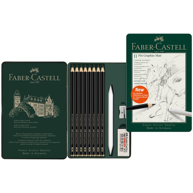Набор карандашей ч/г матовых Faber-Castell «Pitt Graphite Matt» HB, 2B, 4B, 6B, 8B, 10B, 12B, 14B, заточ, ластик, метал. точилка, растушевка, метал. кор
