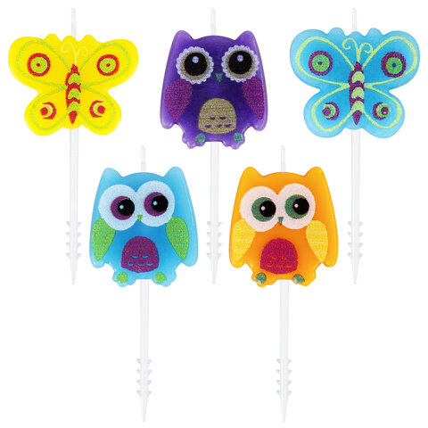 превью Свечи фигурные для торта на шпажках «Совы и бабочки», 5 шт., 2.5×3/2.5×2.5 см, ЗОЛОТАЯ СКАЗКА