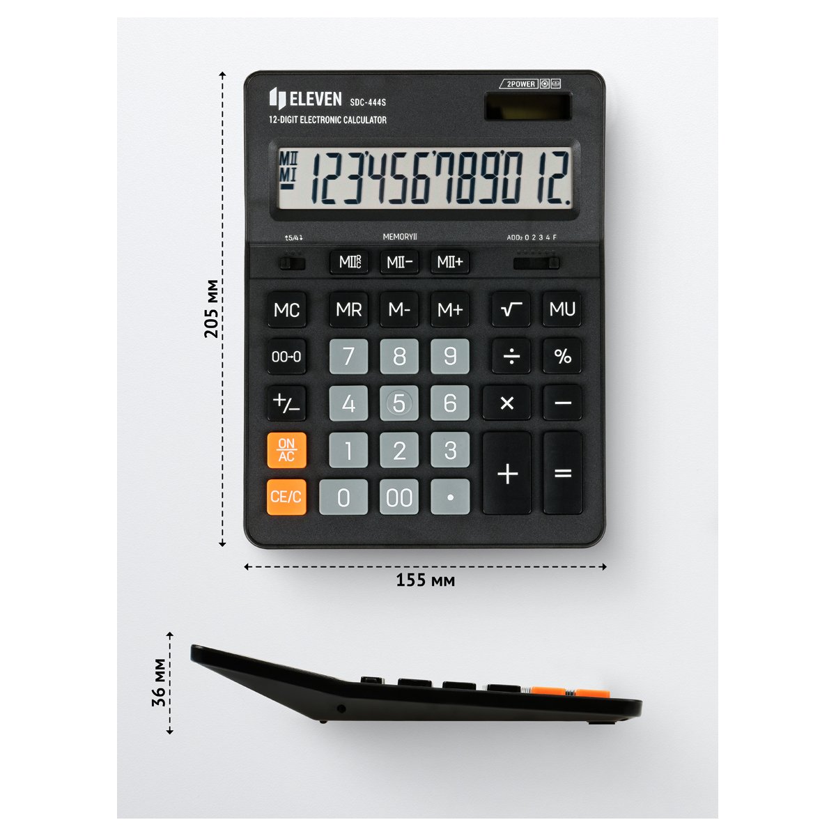 Калькулятор настольный Eleven SDC-444S, 12 разрядов, двойное питание, 155×205×36мм, черный