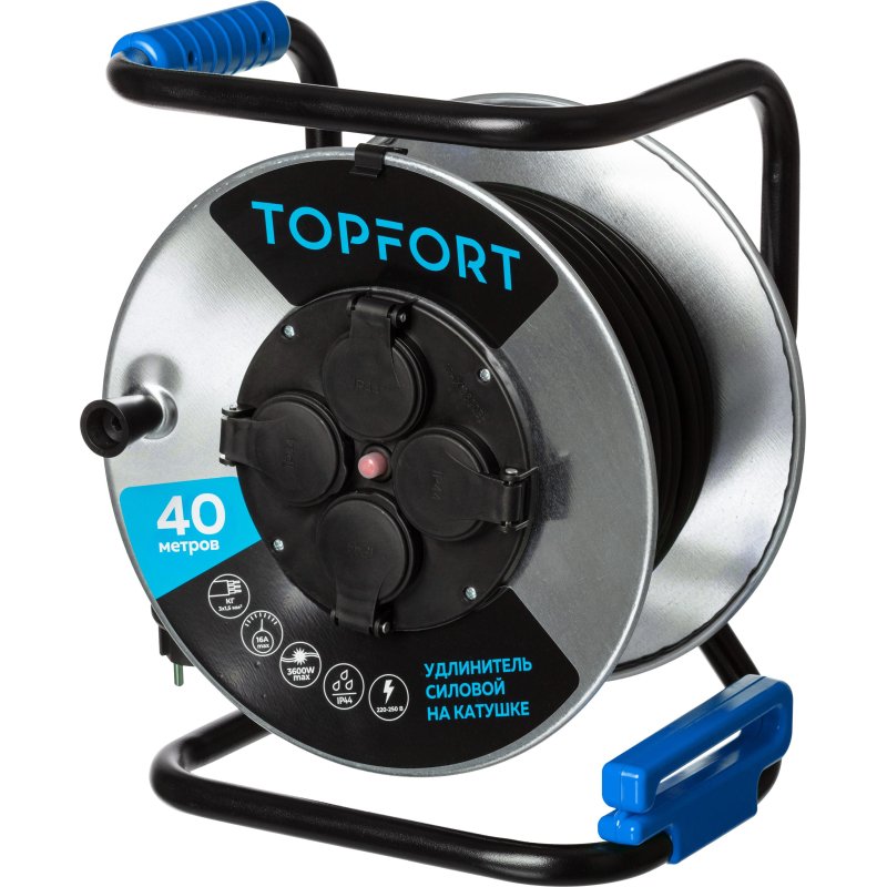 Удлинитель TOPFORT КГ 3×1.5 кв. мм. 40м 16А 4 гнезда с/з., с/загл. IP44