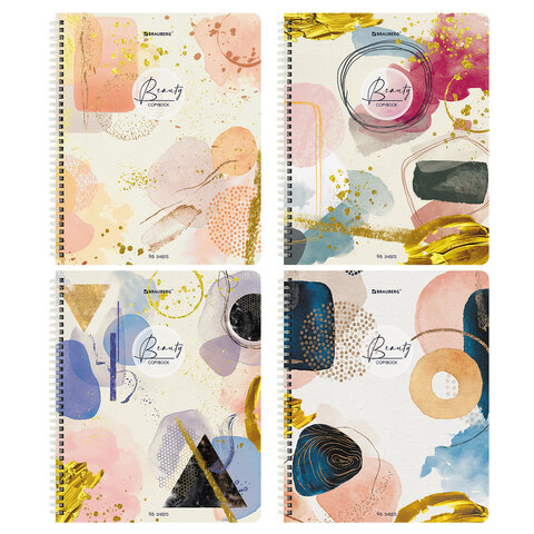 превью Тетради КОМПЛЕКТ 4 шт., А5, 96 л., BRAUBERG, гребень, клетка, глянцевый лак, «Insight»