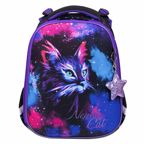 Ранец BRAUBERG PREMIUM, 2 отделения, с брелком, «Neon cat», 38×29х16 см