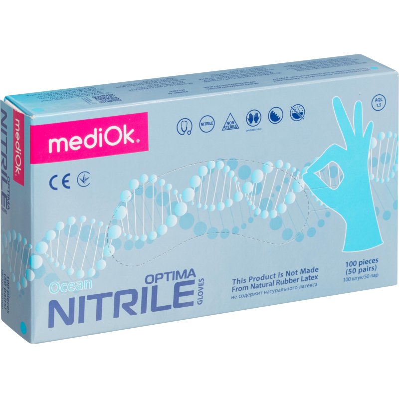 Перчатки нитрил., NITRILE OPTIMA, голубые, 3гр. (M), 50 пар/уп